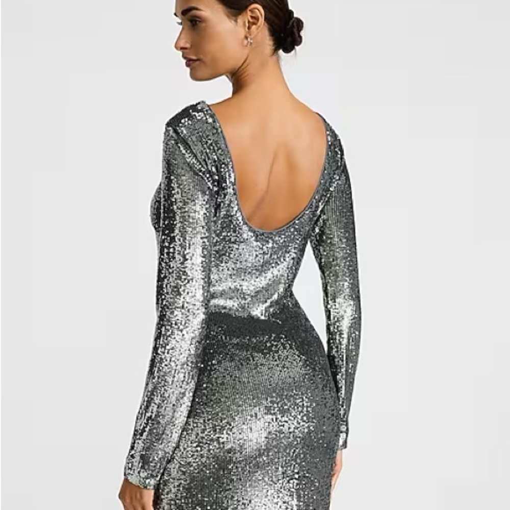 Express Sequin Boat Neck Long Sleeve Low Back Mini Dress